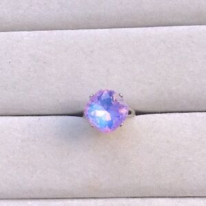 Lilac Lavender Purple Opal Aurora Borealis + Silver Cushion Cut Crystal Ring